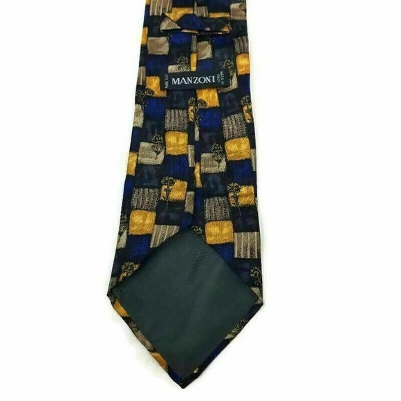 Manzoni Mens Necktie Multicolor Blue Patchwork 100% Silk Classic Tie 59"L - Picture 6 of 7